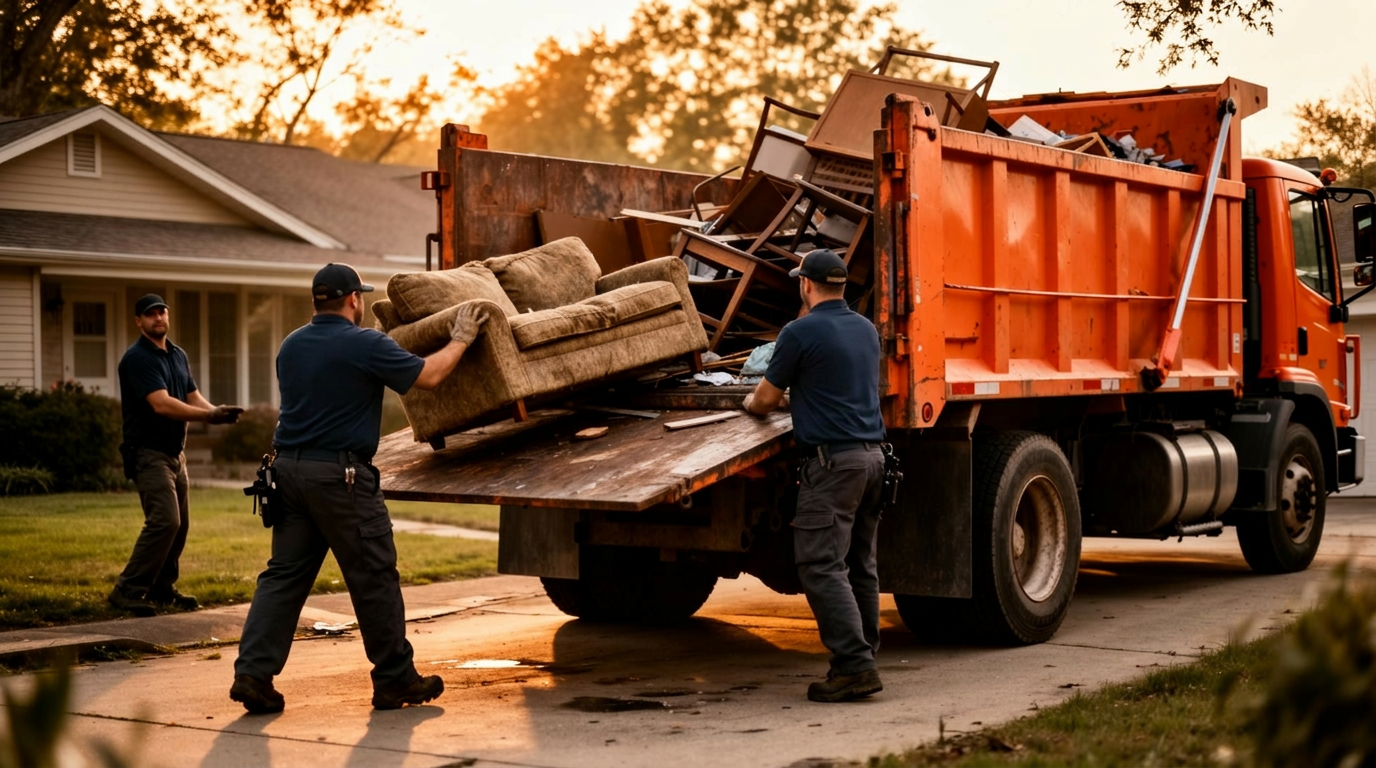 Junk removal crew loading truck at sunset